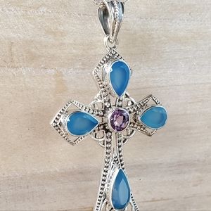 Nicky Butler 925 Sterling Silver Blue Chalcedony Amethyst Celtic Cross Pendant